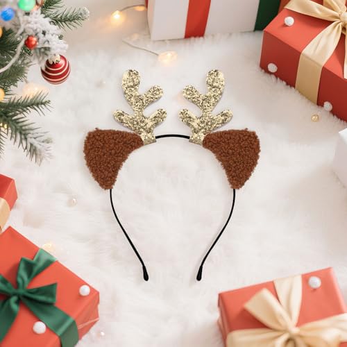 Sightor Golden Sequined Reindeer Antlers Headband for Christmas Party