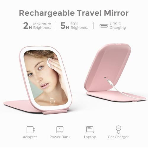 NEZZOE Rechargeable Travel Makeup Mirror with LED Light, 7x5 Pink