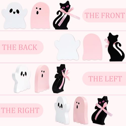 Cute Pink Ghost Halloween Decor - 3-Piece Wooden Set for Home