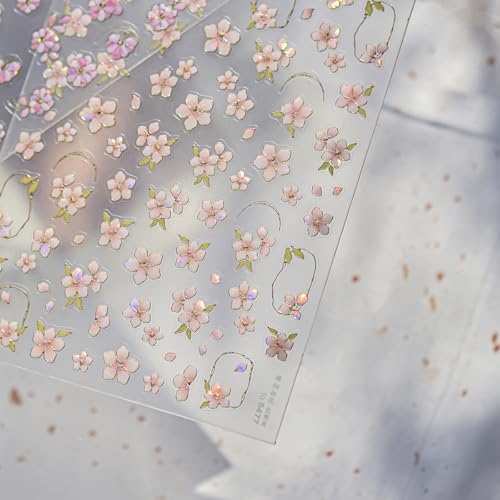 BUNLVDI 5D Embossed Pink Flower Nail Stickers Self-Adhesive Floral Decals