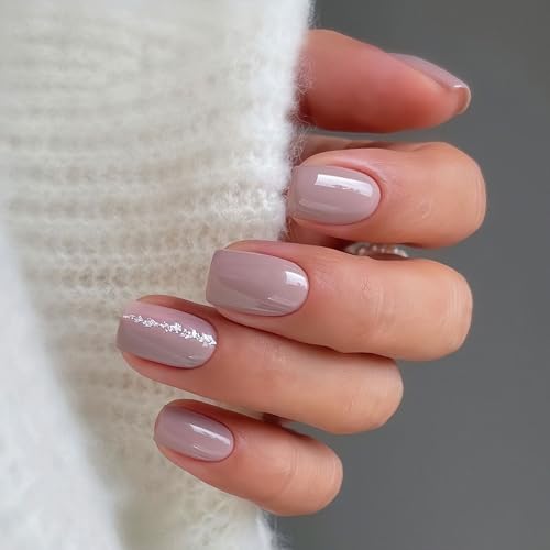 BFY Short Square Press on Nails - Glossy Purple Fake Nails with Glitter Lines, 24 Pcs