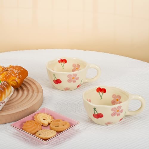 Pink Cherry Floral Ceramic Mug 8.5oz - Koythin 2-Pack Pink Cherrys