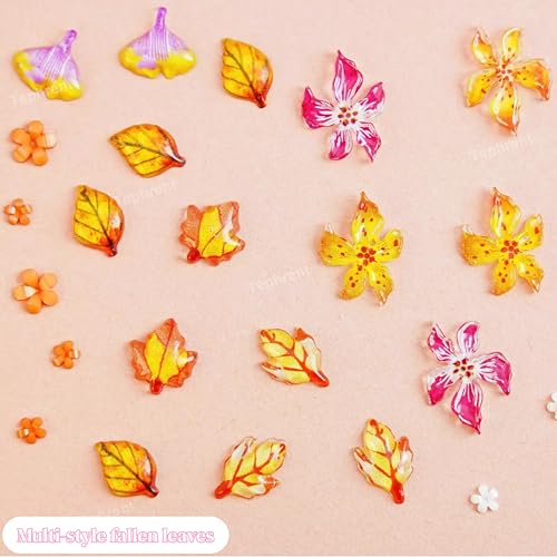 Tephrent 3D Flower Nail Charms Fall Maple Leaf Rhinestones and Pearls