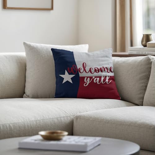 Texas Flag Welcome Y'all Pillow Cover 18x18 - Rustic Farmhouse Decor (Color 01)