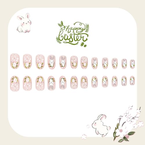 ASABITE Easter Press on Nails Short Almond Bunny Flower False Nails Kit