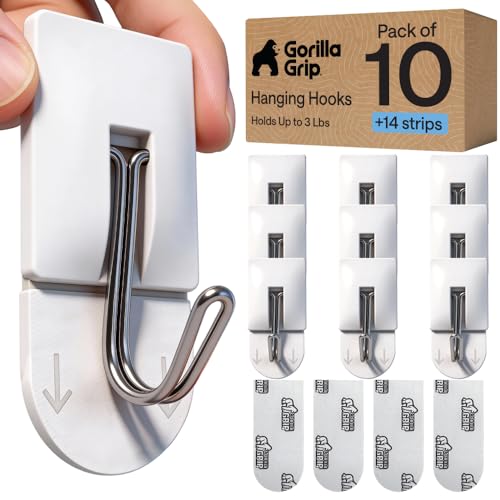 GORILLA GRIP Adhesive Wall Hooks, 10 Pack - White, No-Drill Hanging Hooks