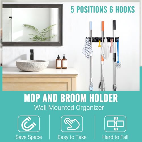 InPoTo Wall Mount Broom Holder, 5 Slots 6 Hooks Mop Organizer Rack (1-Pack)