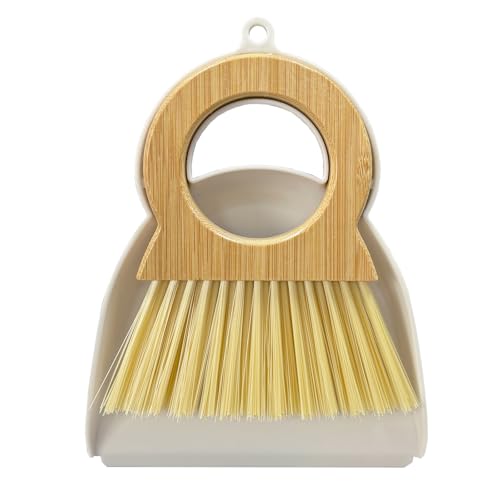 Xifando Mini Broom and Dustpan Set, Compact Bamboo Handle - White