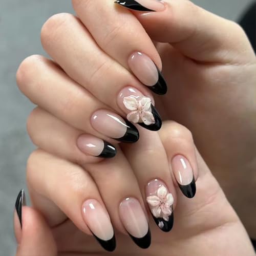 3D Flower Press on Nails Black French Tip Short Almond Fake Nails