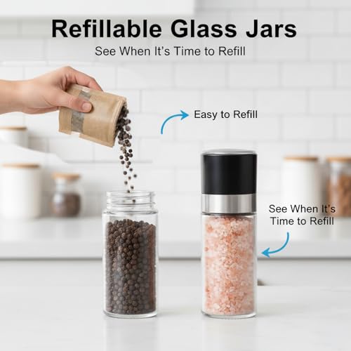 ErrandsHelper Salt and Pepper Grinder Set - 3 oz Refillable Glass Mills (5.1")