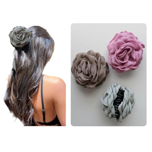 Grey Rose Flower Hair Claw Clip 9cm for Thick and Thin Hair