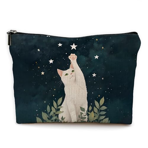 Starry Night Cat Makeup Bag Whimsical Linen Cosmetic Pouch
