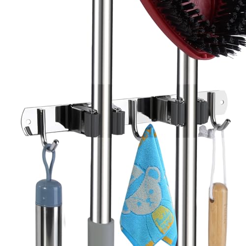 voze Stainless Steel Broom and Mop Holder - 2 Racks and 3 Hooks, Silver