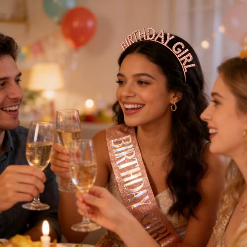 CIEHER Birthday Girl Tiara Headband and Rose Gold Glitter Sash Set