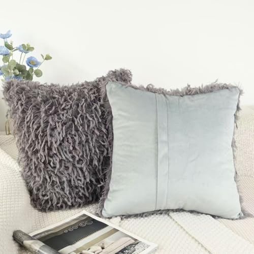 OYIMUA Faux Feather Throw Pillow Covers, 16x16 Grey-Brown Set of 2