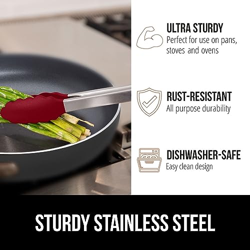 Gorilla Grip Kitchen Tongs Set, 9" & 12" Stainless Steel, Red
