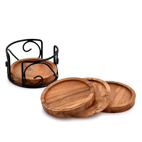 Acacia Wood Coaster Set with Iron Holder - 4 Pack, Tea & Drink Accessories