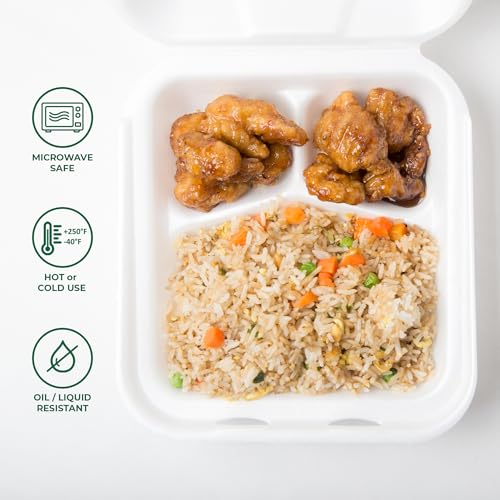 Freshware Clamshell Food Containers with Lids [8x8"] 3-Compartment 200-Pack, Disposable To Go Containers, Biodegradable Sugarcane To Go Boxes - Paper Containers - Microwave & Freezer Safe, Stackable