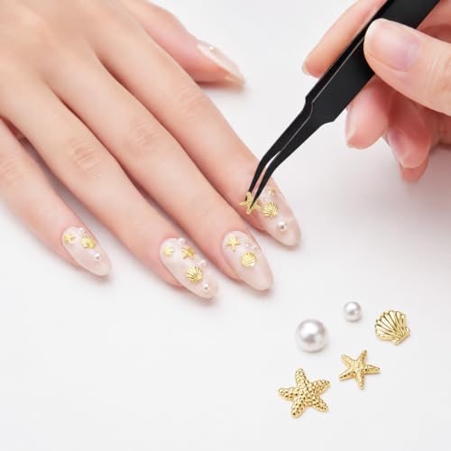 Macuezu 100 Pcs 3D Starfish & Seashell Nail Charms Flat Back Gold