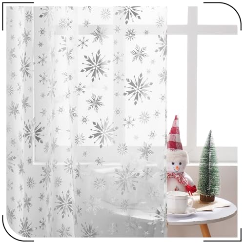Christmas Sheer Curtains with Snowflake Foil Print, 52W x 63L, 2 Panels - White-Silver