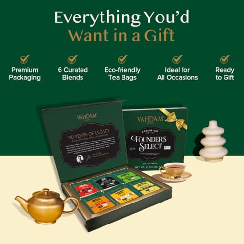 VAHDAM Founder's Select Tea Gift Set - 6 Flavors, 36 Pyramid Tea Bags