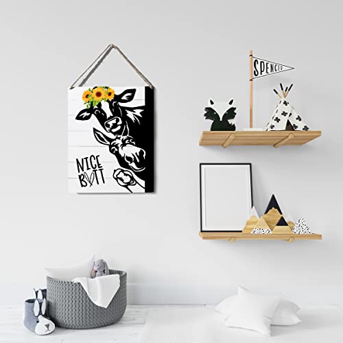 Rustic Wooden Bathroom Sign Decor - 10x8 Cow & Sunflower Art