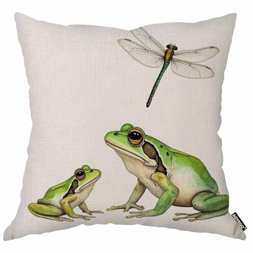 Frog and Dragonfly Watercolor Throw Pillow Cover, 18x18 Inch Cotton Linen