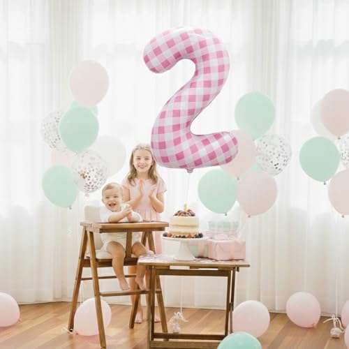 Pink Gingham Number 2 Balloon | Large Foil Balloon for 2nd Birthday