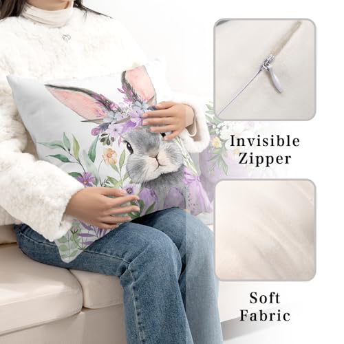 Easter Throw Pillow Covers - 2 Pack Floral Cross & Bunny 18x18