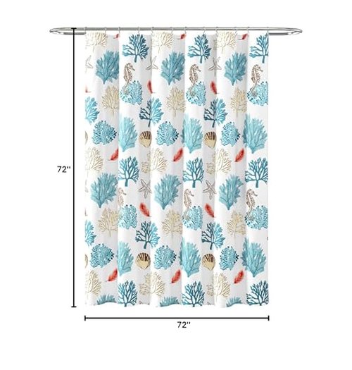 Lush Decor Coastal Reef Feather Shower Curtain, 72" W x 72" L, Blue & Coral - Coastal Shower Curtain - Fabric Curtains - Ocean Bathroom Decor - Beach House - Beachy Room