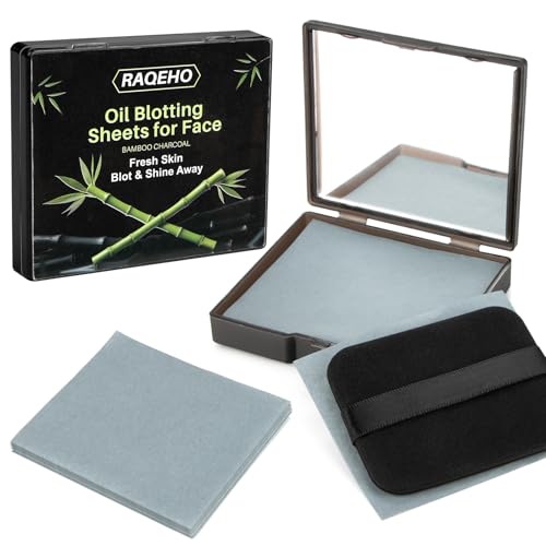RAQEHO 200 Bamboo Charcoal Oil Blotting Sheets with Mirror and Puff