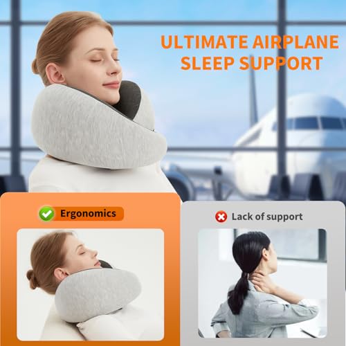 Memory Foam Travel Neck Pillow - Ergonomic & Compact Design for Airplane & Road Trips (Grey)