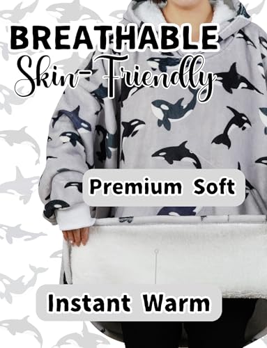 Killer Whale Blanket Hoodie for Women Men - Orca Whale Fleece Wearable Blanket