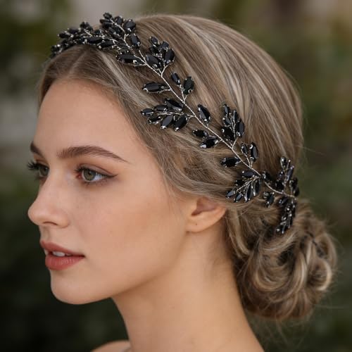 Missgrace Black Rhinestone Bridal Hair Vine Headband for Wedding