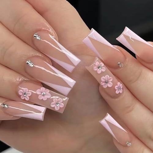 Pink Square French Tip Press on Nails with Floral Rhinestone