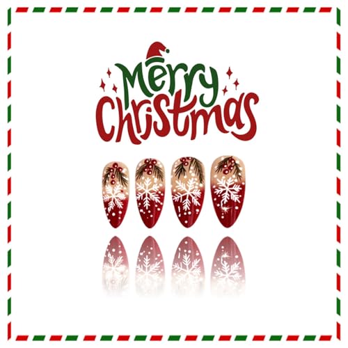 Christmas Press on Nails Medium Almond Red French Snowflake Fake Nails