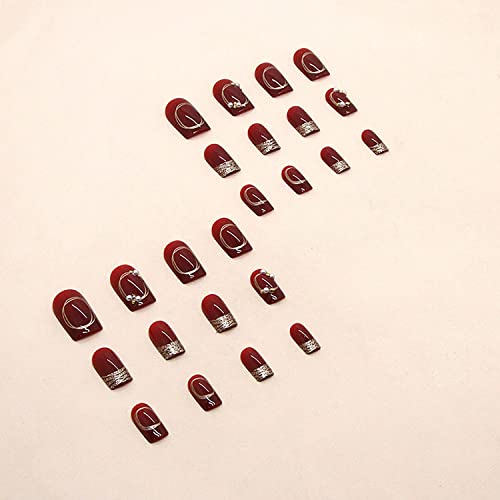 Press On Nails Medium Square Wine Red False Nails with Pearls Rhinestones