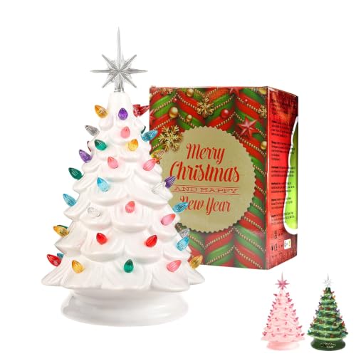 White Ceramic Christmas Tree Decorations 13 Inch Tabletop Holiday Decor with Star Topper