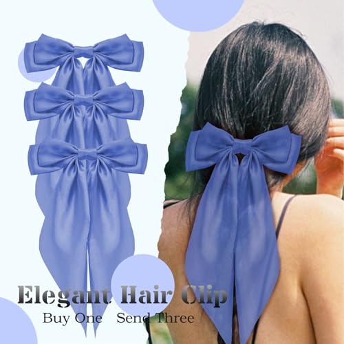Tisbonsy Large Satin Hair Bows for Women, 3-Pack Royal Blue Oversized Long Tail Bow Barrettes and Ponytail Holders