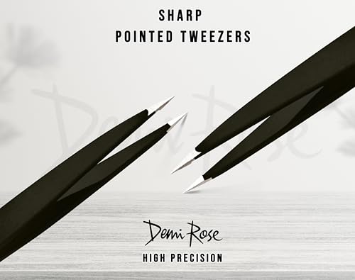 DEMI ROSE Pointed Precision Tweezers - Stainless Steel Fine Point Needle Nose Tweezers for Ingrown Hair, Splinters, and Eyebrows (Black)