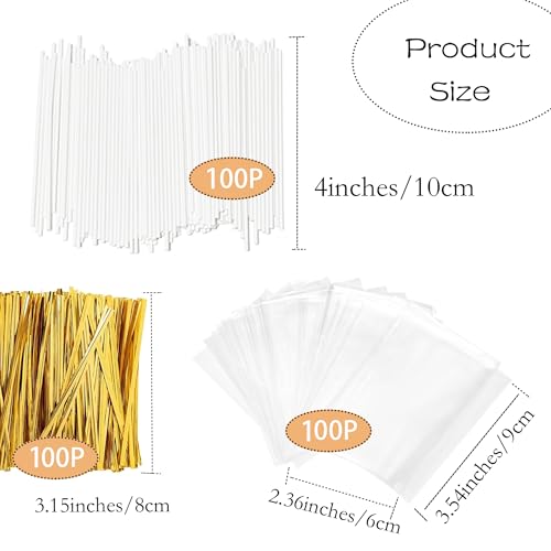 4-Inch Gold Lollipop Sticks Set with Bags & Ties - 100 Pcs