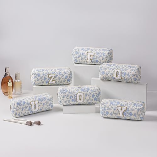 JOVAKIT Blue Floral Alphabet Makeup Bag - Travel Toiletry Pouch Organizer