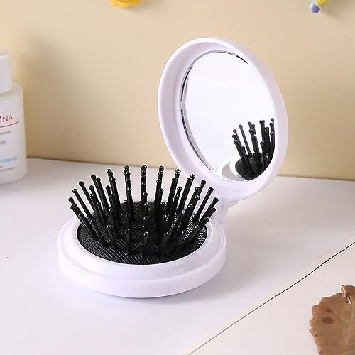 White Folding Hair Brush with Mirror - Portable Mini Travel Hairbrush
