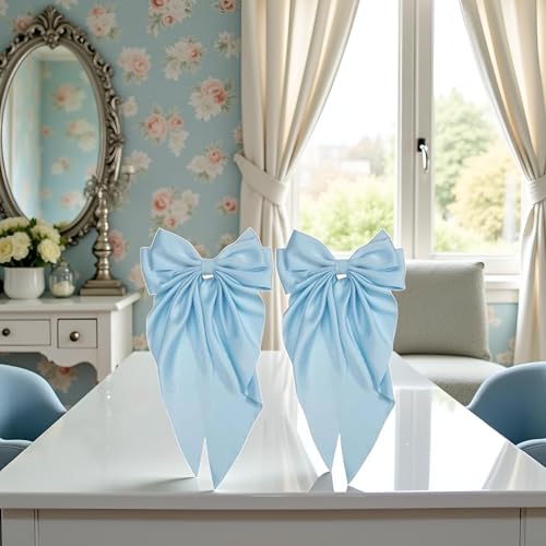 Light Blue Jumbo Satin Hair Bow Clip 2-Piece Long Tail Bowknot Barrette
