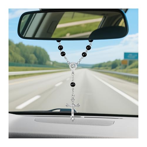Car Rosary Rearview Mirror Ornament with Cross & Beads - 2 PCS