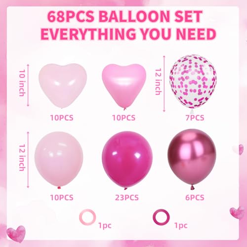 68pcs Heart Balloons Kit - Pink Confetti & Metallic Party Decor