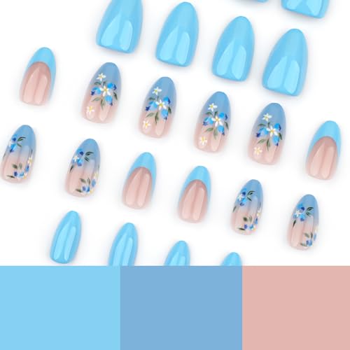 Navy Blue Short Almond Press on Nails with Flower Design - 24Pcs