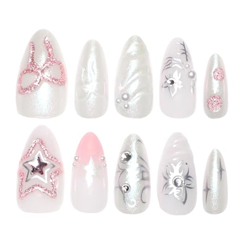 Medium Almond Press on Nails with Bow Star Pearl and Rhinestone Designs - 24 Pcs Acrylic Fake Nails