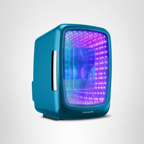 Frigidaire Gaming Light Up Mini Beverage Refrigerator, 6 can, 4 liters, Cooler with large see through door and LED lights Perfect for Gaming Experience, Home, Office, or Cars.12V Charger (Blue)