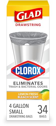 Glad Small Drawstring Trash Bags, 4 Gallon, Lemon Fresh Bleach, 34 Count